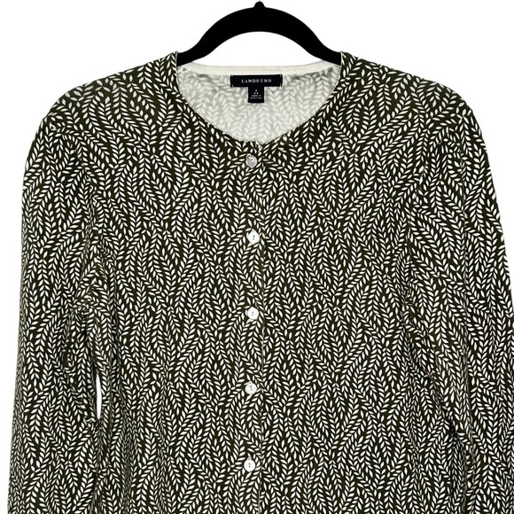 Lands End Olive Green/White Vine patterned Cotton Blend Cardigan Sweater Sz S - Picture 3 of 13